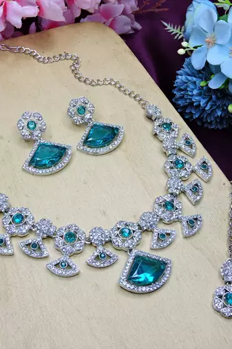 Green rhodium premium designer american diamond and stone work necklace set