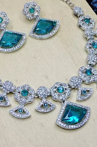 Green rhodium premium designer american diamond and stone work necklace set