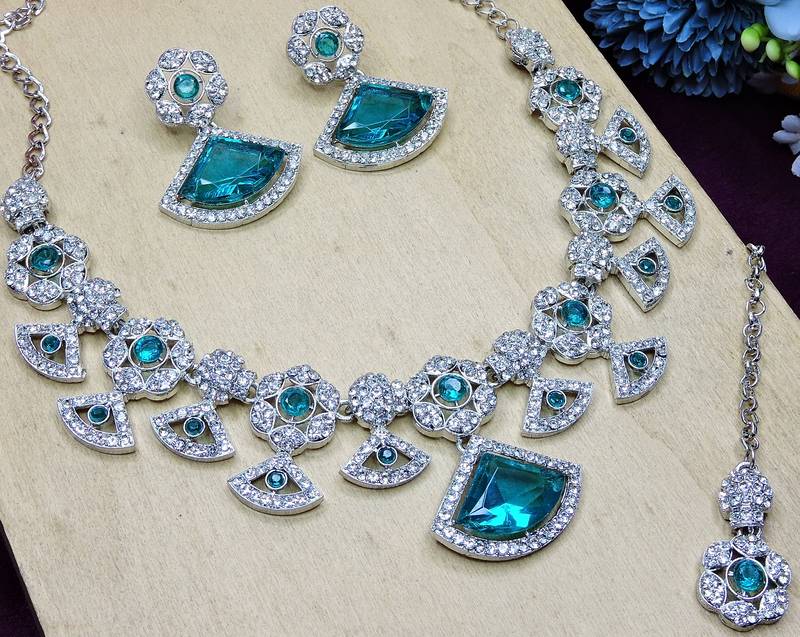 Green rhodium premium designer american diamond and stone work necklace set