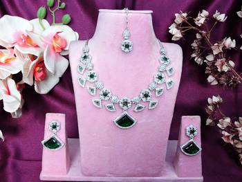 Green rhodium premium designer american diamond and stone work necklace set 1