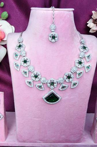 Green rhodium premium designer american diamond and stone work necklace set