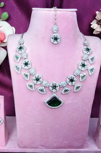 Green rhodium premium designer american diamond and stone work necklace set