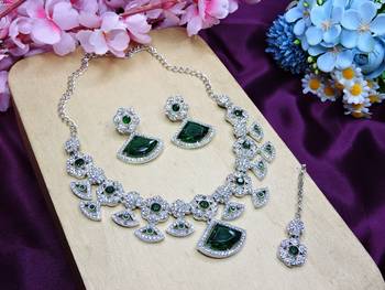 Green rhodium premium designer american diamond and stone work necklace set 2