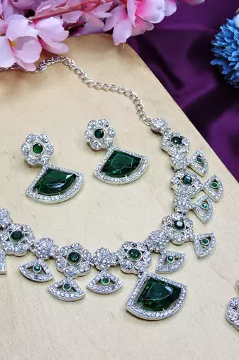 Green rhodium premium designer american diamond and stone work necklace set