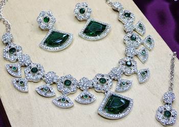 Green rhodium premium designer american diamond and stone work necklace set 3
