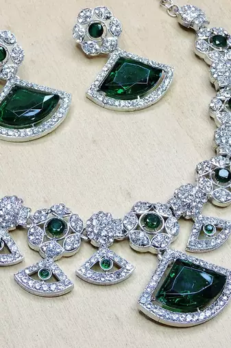 Green rhodium premium designer american diamond and stone work necklace set