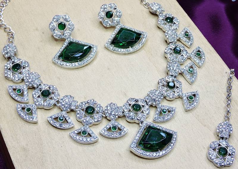 Green rhodium premium designer american diamond and stone work necklace set