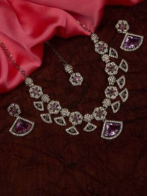 Purple rhodium premium designer american diamond and stone work necklace set 1