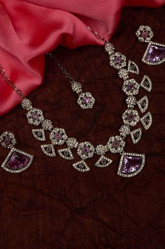 Purple rhodium premium designer american diamond and stone work necklace set
