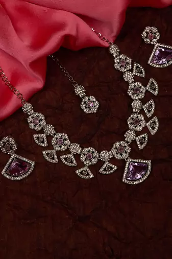 Purple rhodium premium designer american diamond and stone work necklace set