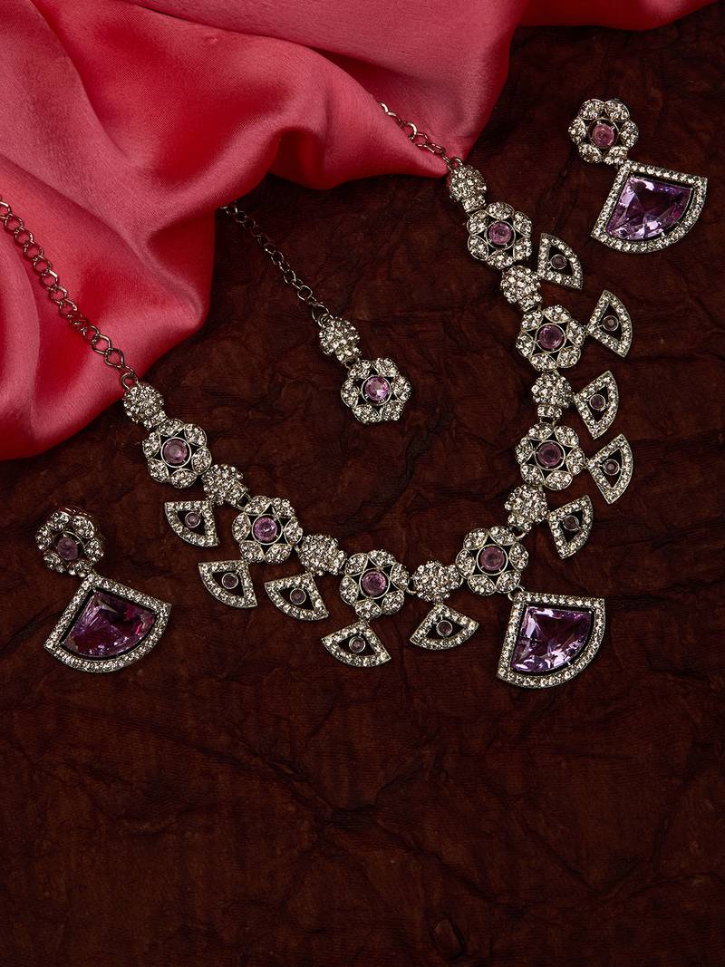 Purple rhodium premium designer american diamond and stone work necklace set