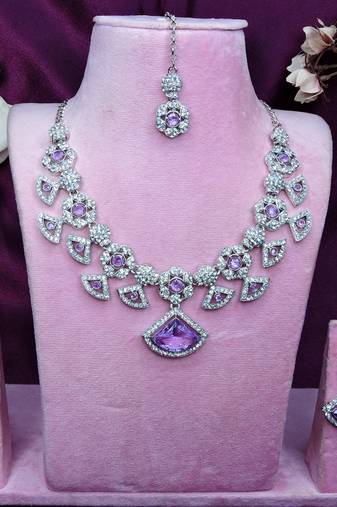 Purple rhodium premium designer american diamond and stone work necklace set