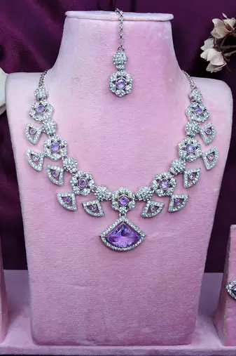 Purple rhodium premium designer american diamond and stone work necklace set
