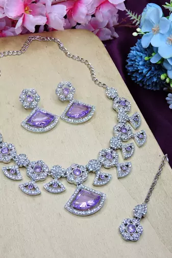 Purple rhodium premium designer american diamond and stone work necklace set