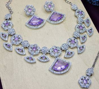 Purple rhodium premium designer american diamond and stone work necklace set 3