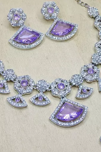 Purple rhodium premium designer american diamond and stone work necklace set