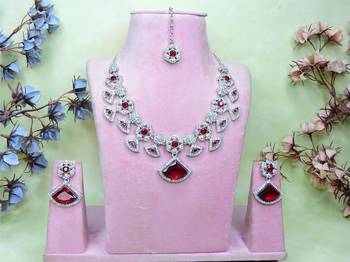 Maroon rhodium premium designer american diamond and stone work necklace set 1