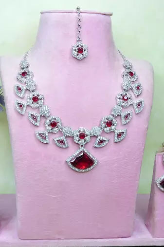 Maroon rhodium premium designer american diamond and stone work necklace set