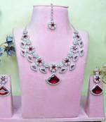 Maroon rhodium premium designer american diamond and stone work necklace set