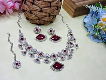 Maroon rhodium premium designer american diamond and stone work necklace set 2