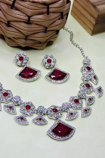 Maroon rhodium premium designer american diamond and stone work necklace set