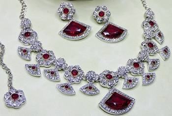 Maroon rhodium premium designer american diamond and stone work necklace set 3