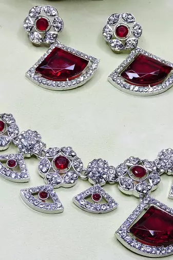 Maroon rhodium premium designer american diamond and stone work necklace set