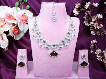 Green rhodium premium designer american diamond and stone work necklace set 1