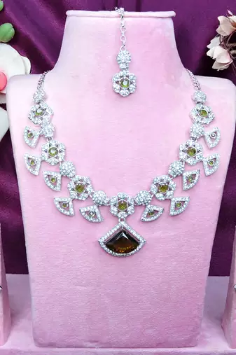 Green rhodium premium designer american diamond and stone work necklace set