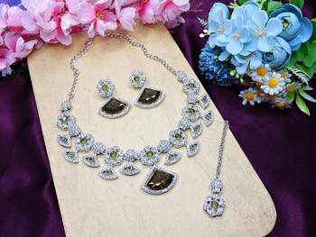 Green rhodium premium designer american diamond and stone work necklace set 2
