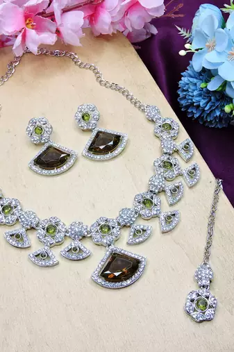 Green rhodium premium designer american diamond and stone work necklace set
