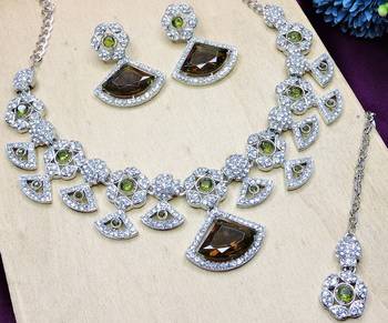 Green rhodium premium designer american diamond and stone work necklace set 3