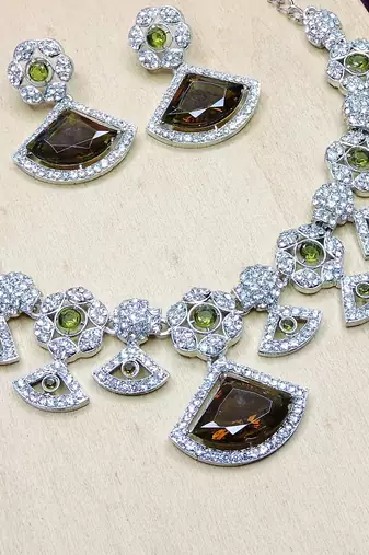 Green rhodium premium designer american diamond and stone work necklace set