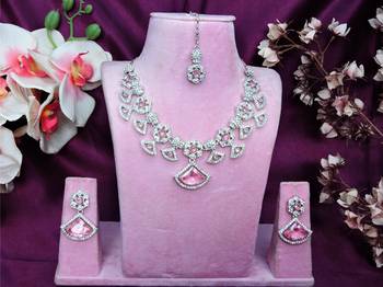 Pink rhodium premium designer american diamond and stone work necklace set 1
