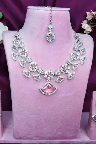 Pink rhodium premium designer american diamond and stone work necklace set