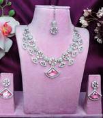 Pink rhodium premium designer american diamond and stone work necklace set