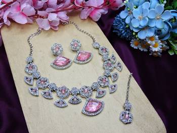Pink rhodium premium designer american diamond and stone work necklace set 2