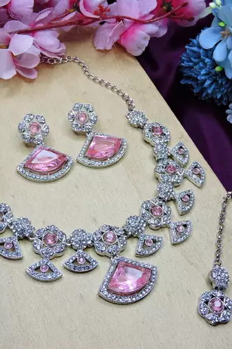 Pink rhodium premium designer american diamond and stone work necklace set