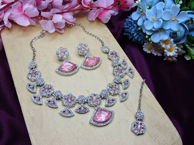Pink rhodium premium designer american diamond and stone work necklace set