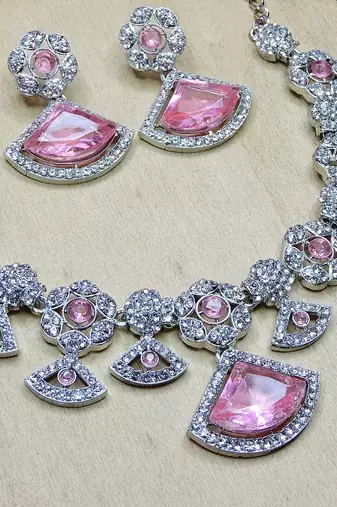 Pink rhodium premium designer american diamond and stone work necklace set