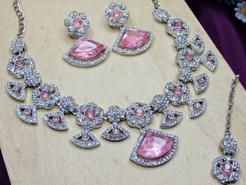 Pink rhodium premium designer american diamond and stone work necklace set