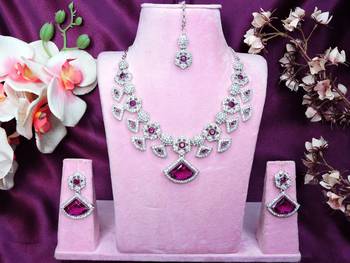 Purple rhodium premium designer american diamond and stone work necklace set 1