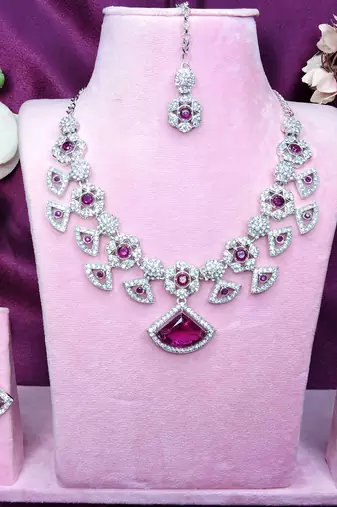 Purple rhodium premium designer american diamond and stone work necklace set