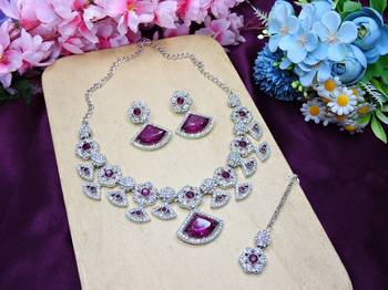 Purple rhodium premium designer american diamond and stone work necklace set 2
