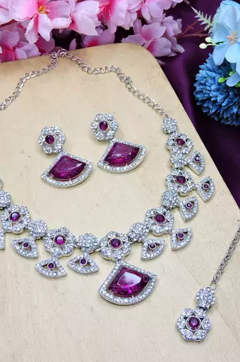 Purple rhodium premium designer american diamond and stone work necklace set