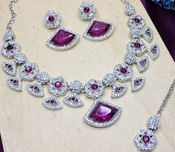 Purple rhodium premium designer american diamond and stone work necklace set 3