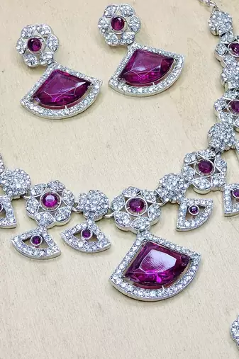 Purple rhodium premium designer american diamond and stone work necklace set