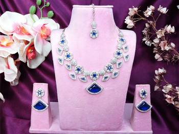 Blue rhodium premium designer american diamond and stone work necklace set 1