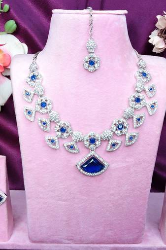 Blue rhodium premium designer american diamond and stone work necklace set
