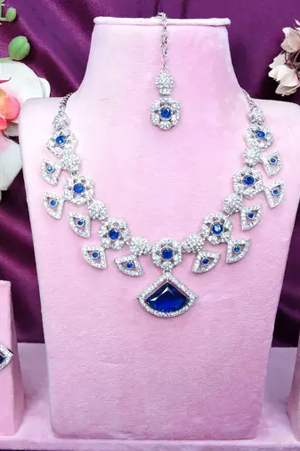 Blue rhodium premium designer american diamond and stone work necklace set